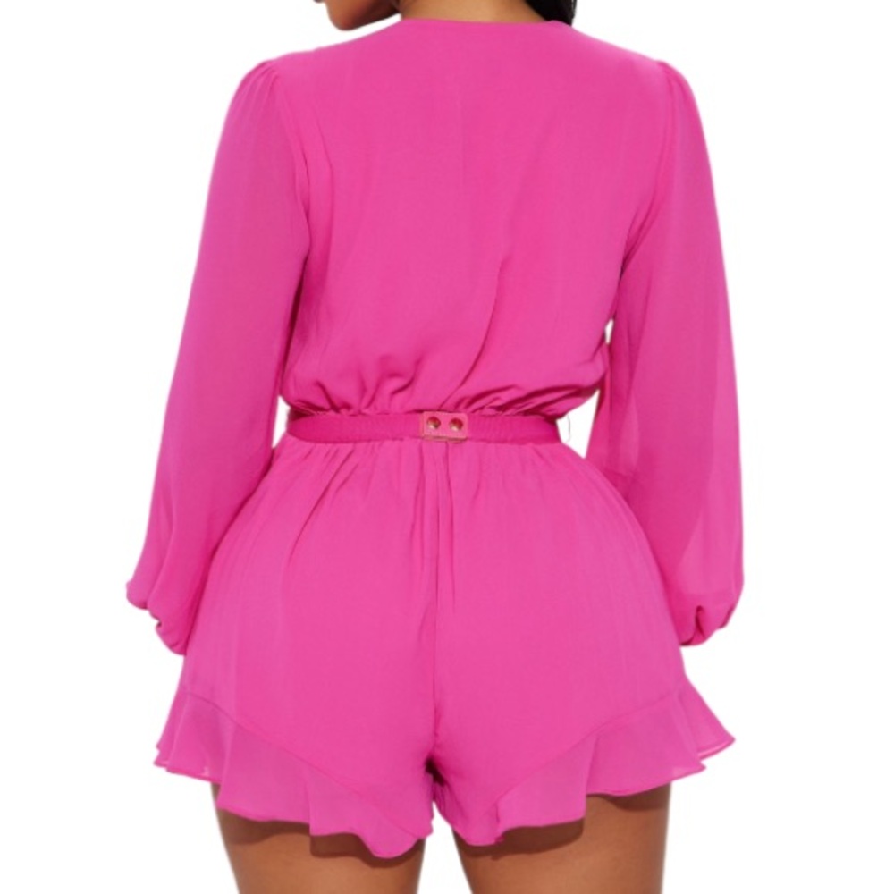 New Fashion Nova Luxe Vibrant Hot Pink Long Sleeve Belted Chiffon Romper Small - Picture 2 of 3